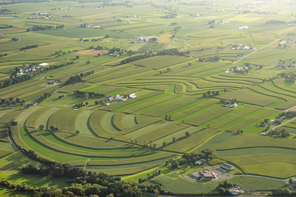 aerial view of farmland in Lancaster County, Pennsylvania.