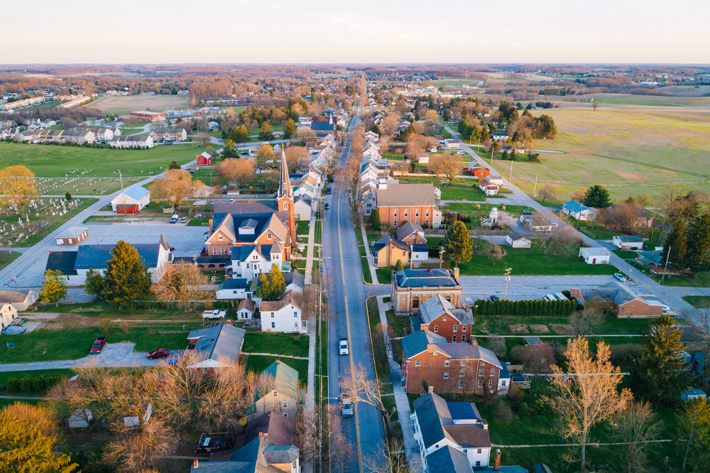 Aerial view of Main Street, in a small town in  Pennsylvania.